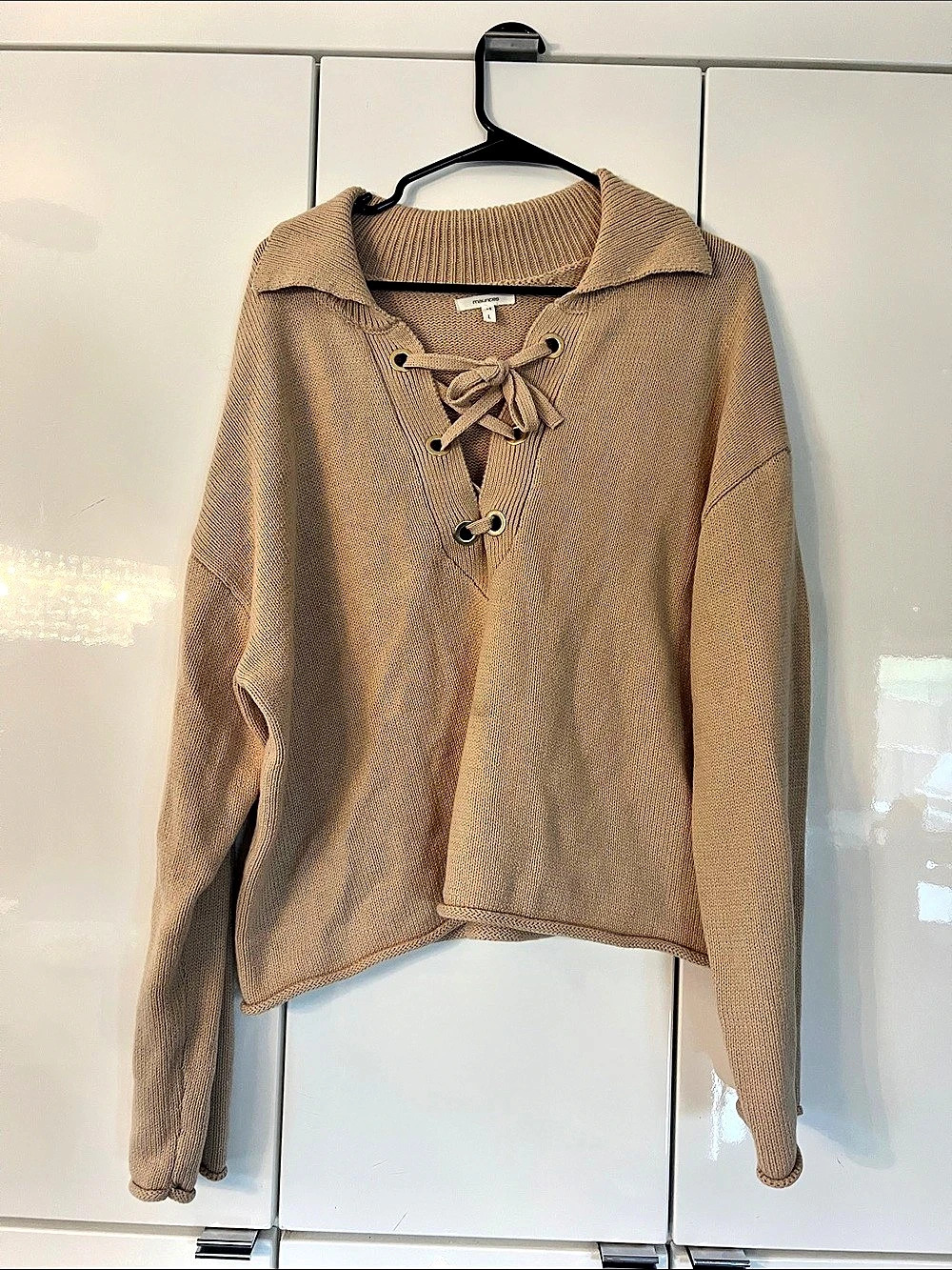 Maurices Lace-Up V-Neck Sweater in Brown Size Large Like New